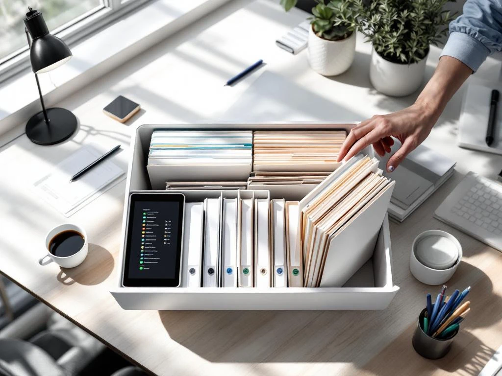 Georganiseerd bureausysteem met digitale tablet en papieren archiefmappen in wit-grijze ordner van bovenaf gefotografeerd