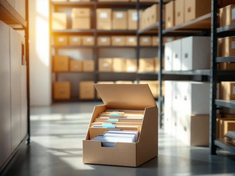 Vogelperspectief van georganiseerd archiefkastensysteem met geopende doos met gekleurde ordners op metalen stellingen