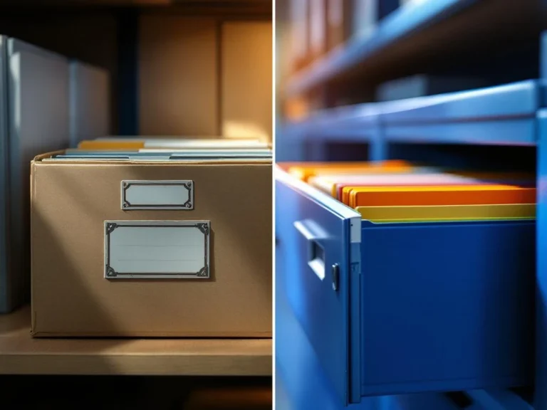 Vergelijking van beige archiefbox met vintage labels en moderne blauwe archiefkast met gekleurde mappen