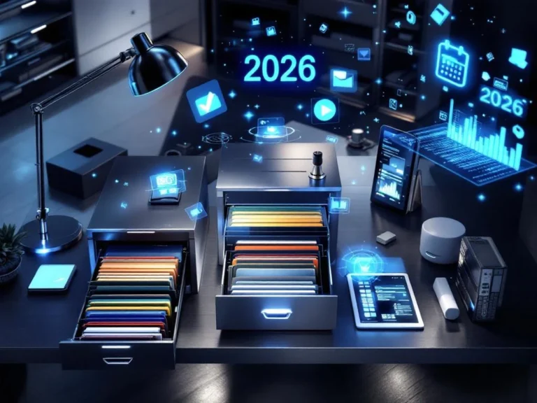 Modern kantoorbureau met metalen archiefkast, tablet met holografische data en LED-verlichte archiefdozen vanuit vogelperspectief