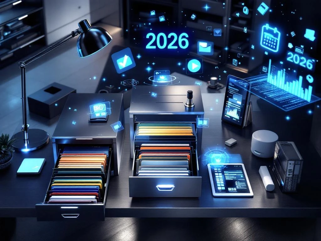 Modern kantoorbureau met metalen archiefkast, tablet met holografische data en LED-verlichte archiefdozen vanuit vogelperspectief