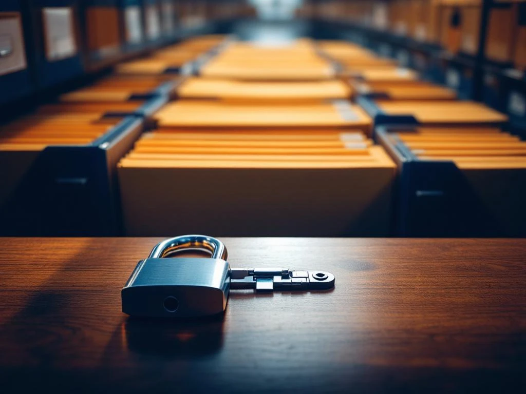 Beveiligde archief kluis met georganiseerde documentendozen, metalen slot en stalen archiefkasten voor documentbeheer