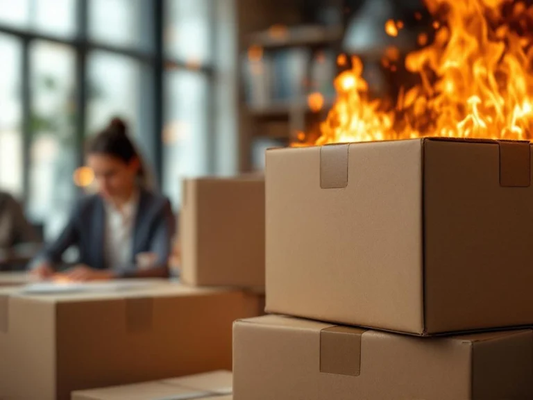 Kartonnen archiefboxen op voorgrond met vlammen en brand op achtergrond in kantooromgeving