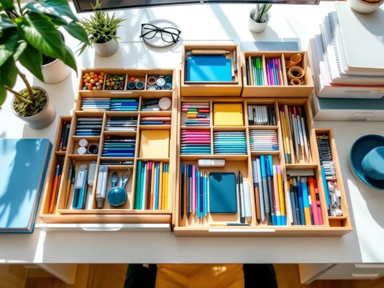 Georganiseerd bureauoppervlak met pennenhouders, mappenrekken en kantoorbenodigdheden in natuurlijk hout en wit