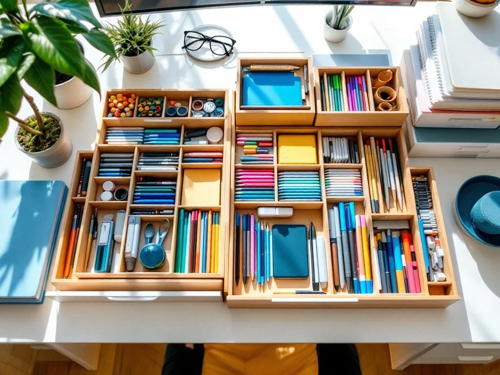 Georganiseerd bureauoppervlak met pennenhouders, mappenrekken en kantoorbenodigdheden in natuurlijk hout en wit