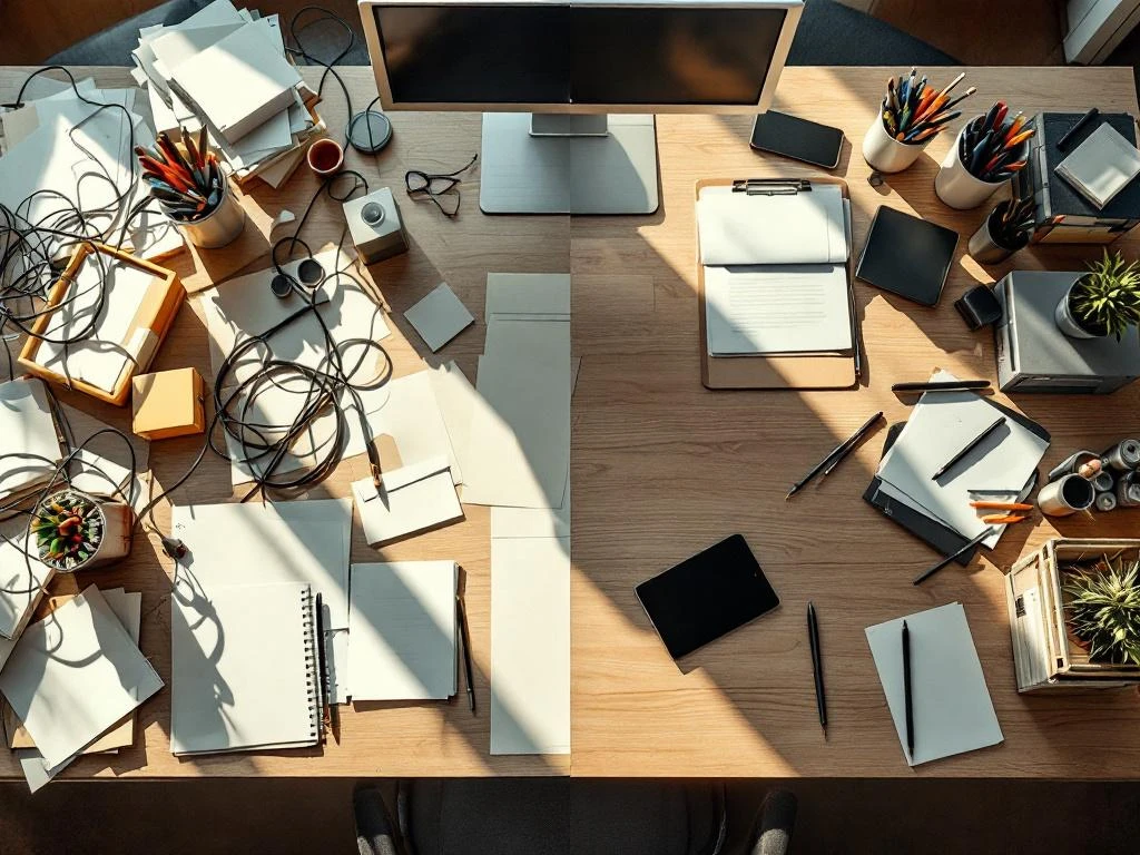 Bureau van bovenaf gefotografeerd: linkerkant rommelig met papieren en kabels, rechterkant georganiseerd met opbergsystemen