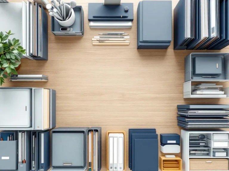 Georganiseerd bureau van bovenaf met tijdschrifthouders, ordners, documentenbakjes en pennenhouders in blauw en grijs