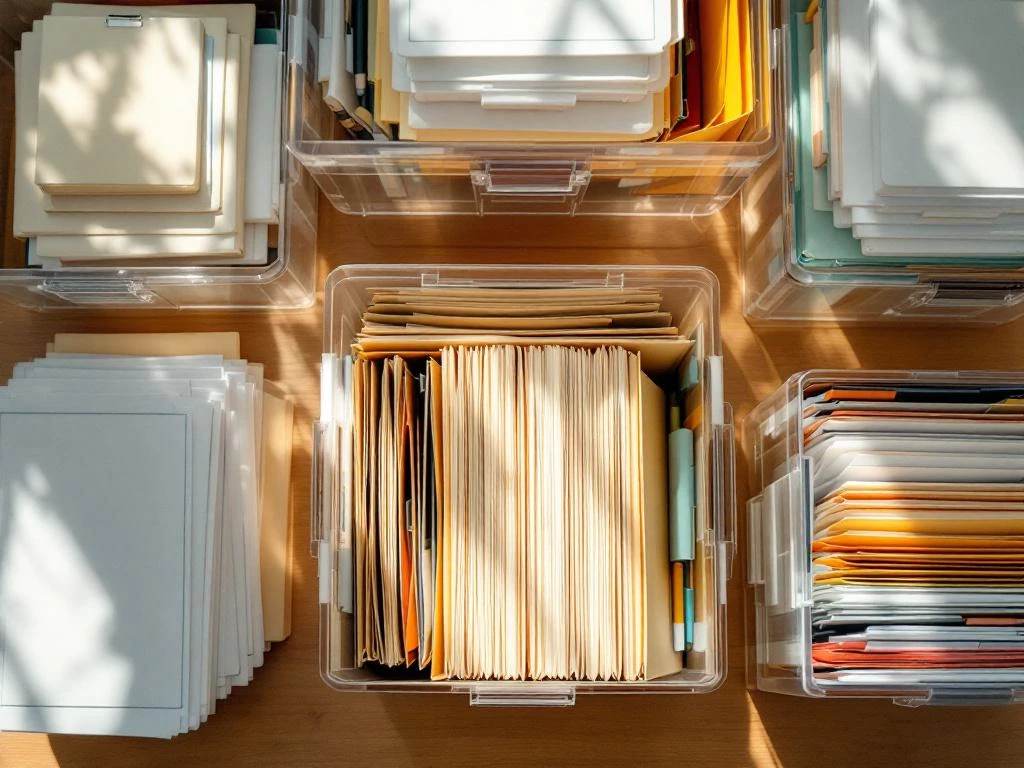 Georganiseerde bureauopstelling met transparante opbergdozen vol kleurgecodeerde mappen en documenten op houten bureau