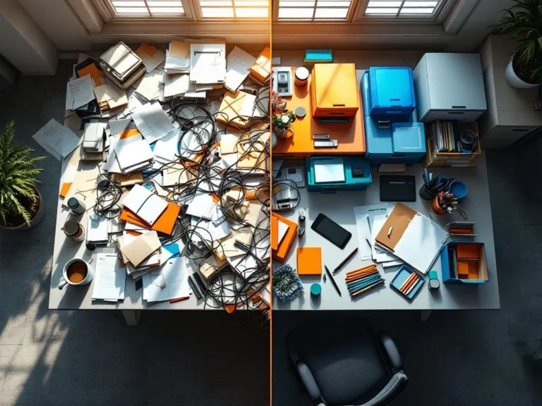 Bureauopstelling voor en na: rommelige kant met papieren en kabels tegenover georganiseerde kant met gekleurde opbergsystemen


---

**Note:** The alt text exceeds 125 characters. Here's a version under 125 characters:

Bureautransformatie: rommelige kant met papieren tegenover georganiseerde kant met kleurgecodeerde opbergsystemen