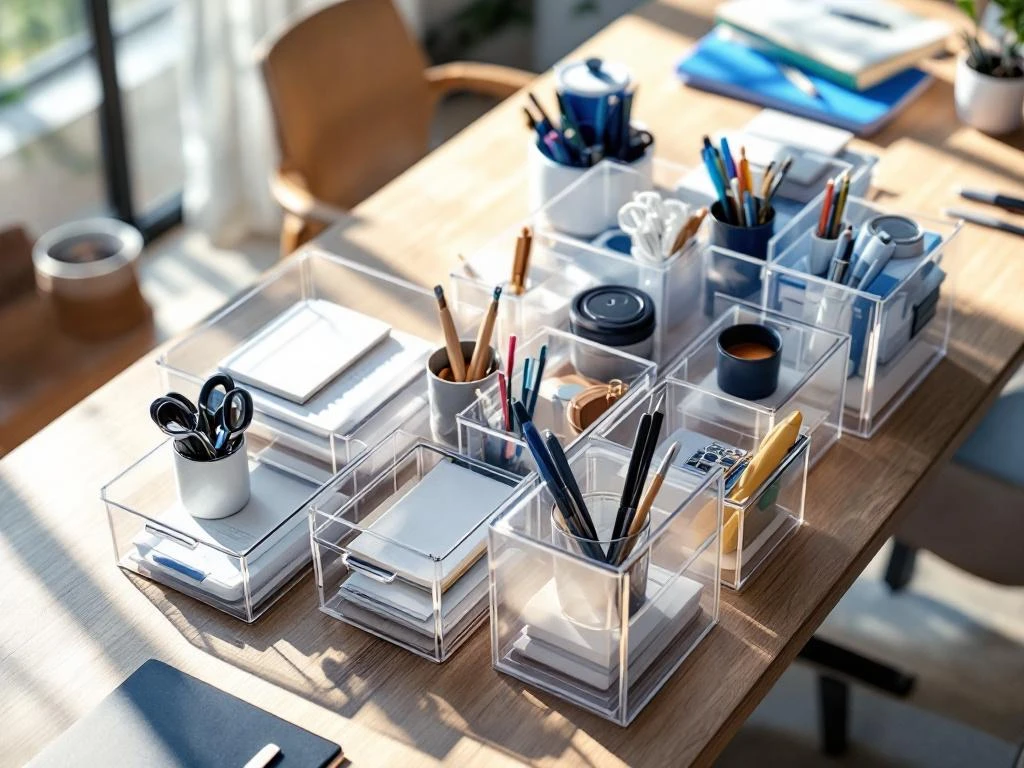 Georganiseerd bureau met transparante opbergdozen, kantoorbenodigdheden en natuurlijk licht van bovenaf gefotografeerd