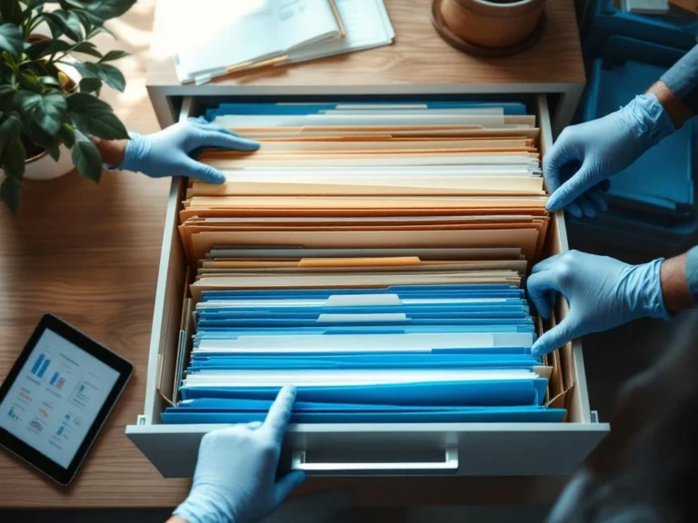 Georganiseerd kantoorbureau met kleurgecodeerde archiefdozen, ordners en tablet met digitale archiveringsdiagrammen