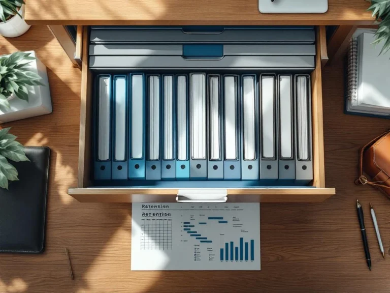 Bovenaanzicht georganiseerd kantoorbureau met kleurgecodeerde documentmappen en openstaande archiefkast in natuurlijk licht