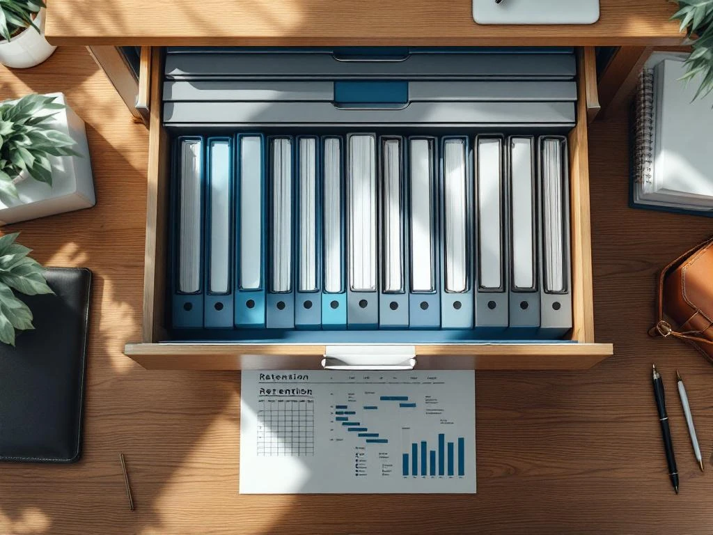 Bovenaanzicht georganiseerd kantoorbureau met kleurgecodeerde documentmappen en openstaande archiefkast in natuurlijk licht