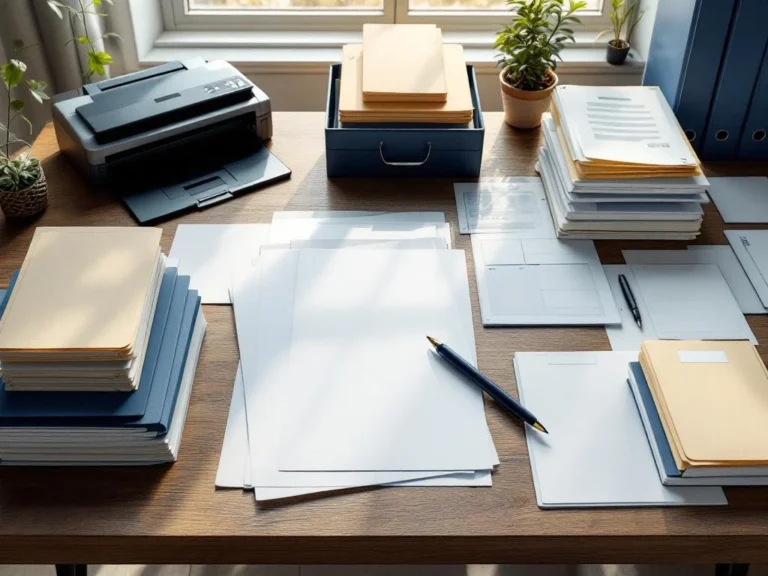 Bovenaanzicht georganiseerd houten bureau met documenten, mappen en archiefboxen in professionele setting