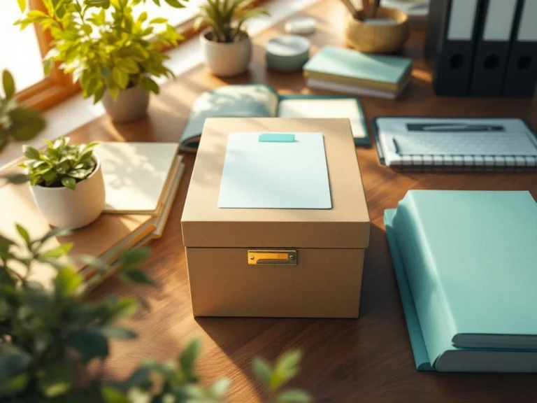 Duurzame archiefboxen met metalen sluitingen op houten bureau, georganiseerd met plantaccenten en natuurlijk licht