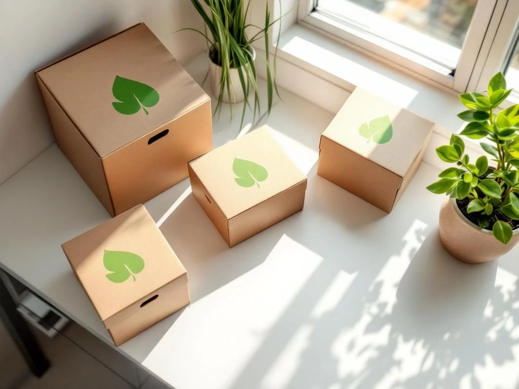 Eco-vriendelijke kartonnen archiefboxen met groen bladsymbool op wit bureau naast vetplant, bovenaanzicht