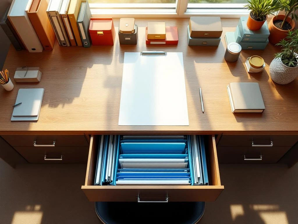 Vogelperspectief van georganiseerd archiefkastensysteem met kleurgecodeerde mappen op houten bureau in modern kantoor