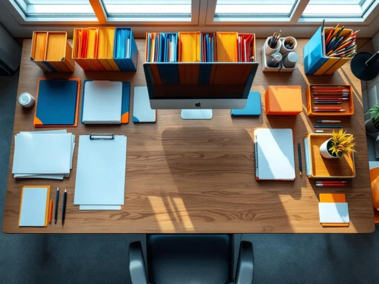 Georganiseerd modern bureau met kleurgecodeerde mappen, pennen en kantoorbenodigdheden in natuurlijk licht