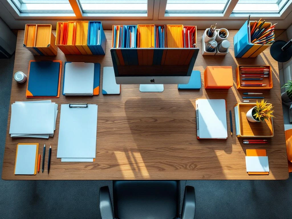 Georganiseerd modern bureau met kleurgecodeerde mappen, pennen en kantoorbenodigdheden in natuurlijk licht