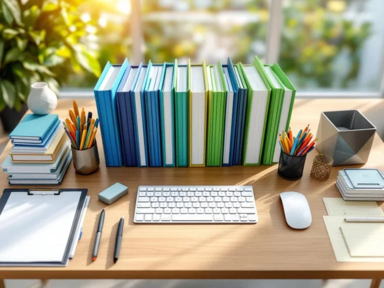 Georganiseerd bureau met kleurgecodeerde mappen, pennen en ergonomisch toetsenbord in natuurlijk licht


(Note: This is 104 characters including spaces)