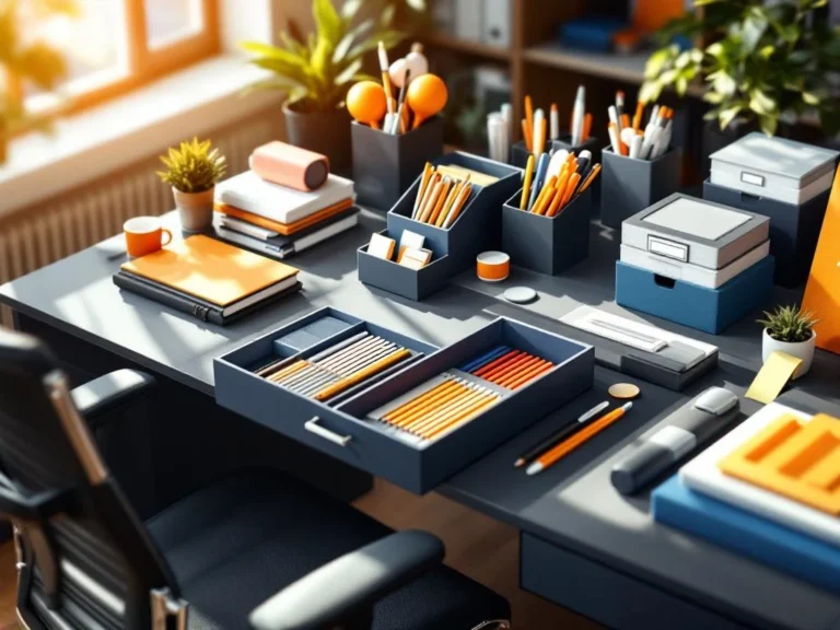 Georganiseerd modern bureau met kleurgecodeerde ordners, zilveren pennenbakjes en geometrische opbergvakken vanuit vogelperspectief