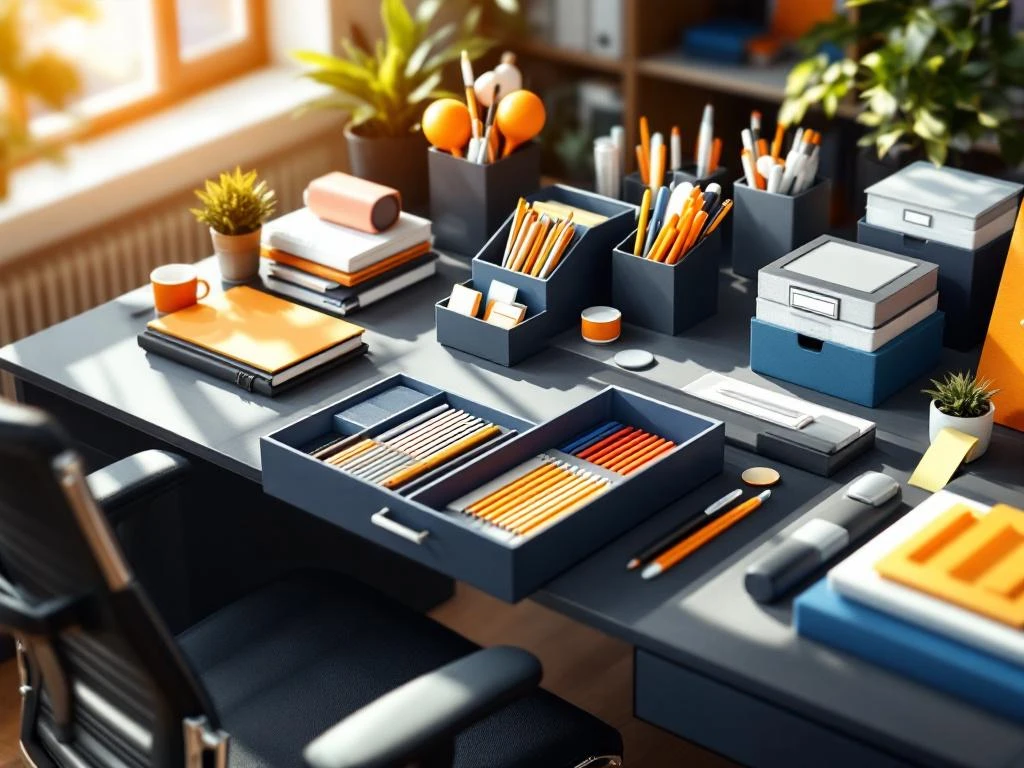 Georganiseerd modern bureau met kleurgecodeerde ordners, zilveren pennenbakjes en geometrische opbergvakken vanuit vogelperspectief