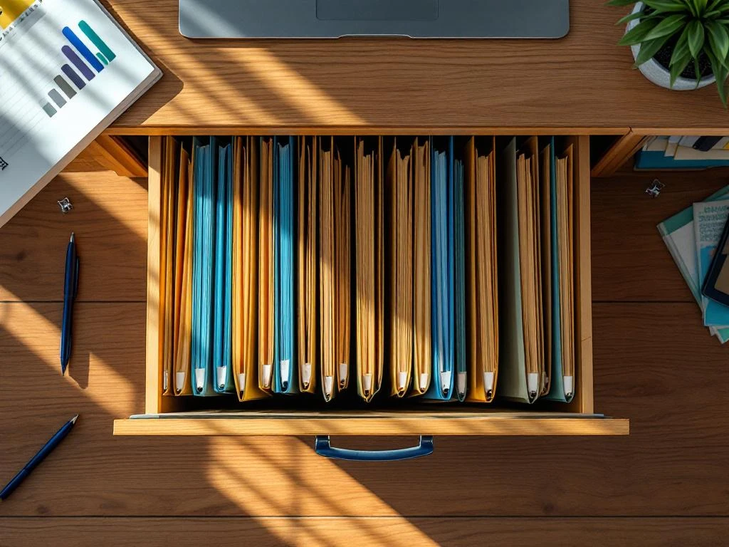 Georganiseerde houten bureaula met kleurgecodeerde hangmappen in blauw, groen en grijs van bovenaf gezien