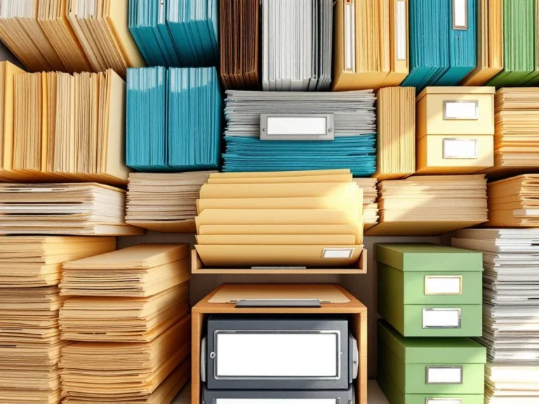 Georganiseerd bureau met kleurgecodeerde documentmappen in geometrisch patroon en alfabetisch archiveringssysteem