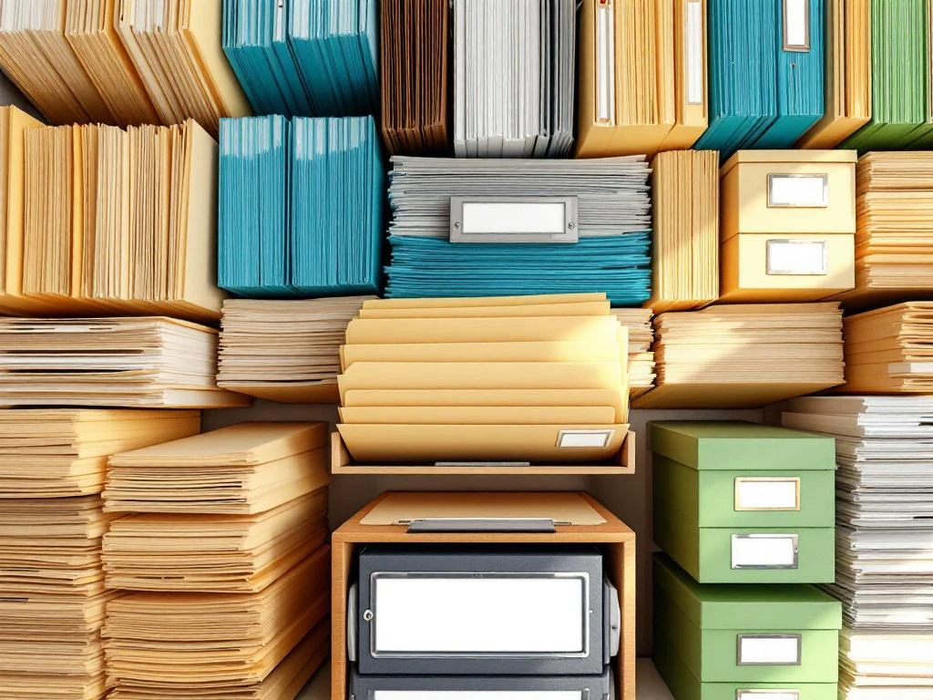 Georganiseerd bureau met kleurgecodeerde documentmappen in geometrisch patroon en alfabetisch archiveringssysteem