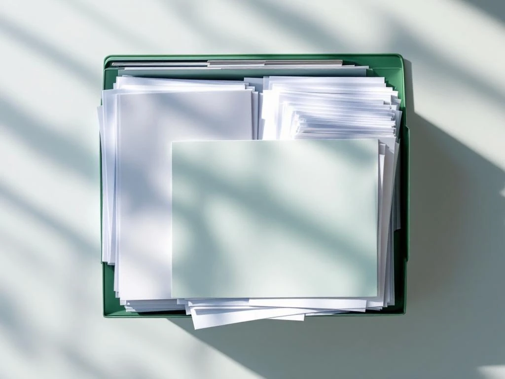 Groene hangmap vol met witte A4-documenten op modern bureau met natuurlijk licht en cascaderend papier-effect