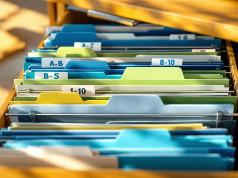 Georganiseerde hangmappen in bureaulade met alfabetische en numerieke tabbladen in blauw en groen