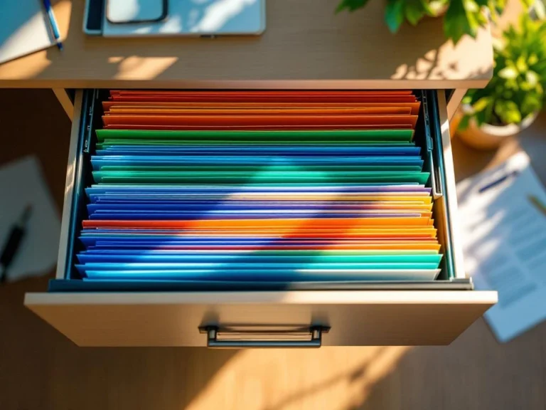 Bovenaanzicht van georganiseerde hangmappen in blauw, groen en oranje in een kantoor archieflade met natuurlijk licht.