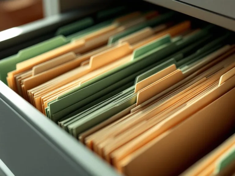 Hangmappen in groen en kraft kleur netjes geordend in een open archiefkast met zijverlichting