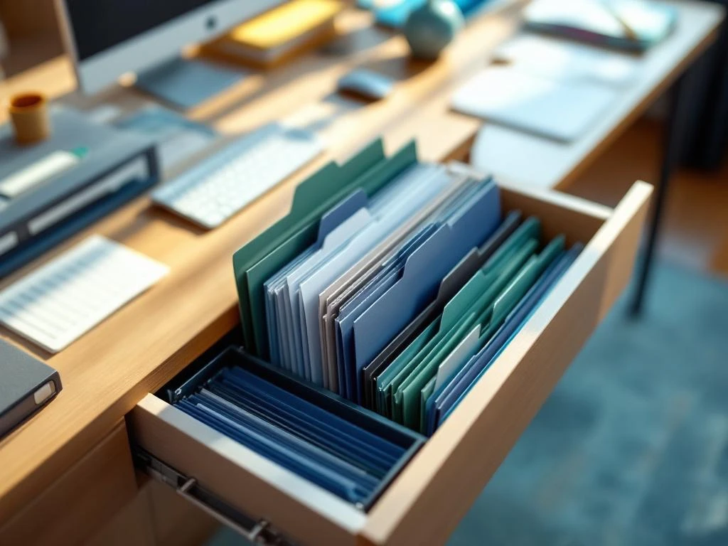 Bovenaanzicht van georganiseerde bureaulade met gekleurde hangmappen in blauw, groen en grijs met zichtbare rails