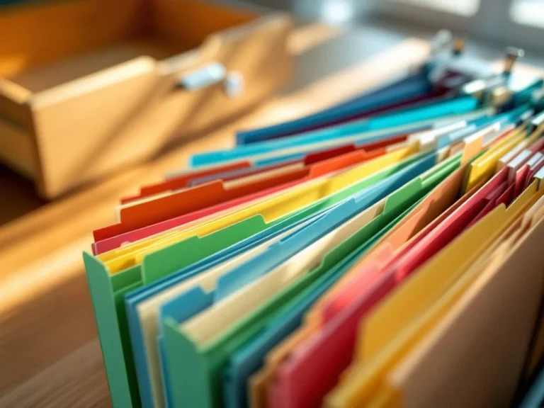 Kleurige hangmappen in halve cirkel op bureau met houten ladeblok en chromen rails