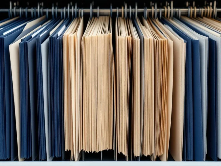 Georganiseerde hangmappen in marineblauw, grijs en crème in een kantoorlade van bovenaf gefotografeerd