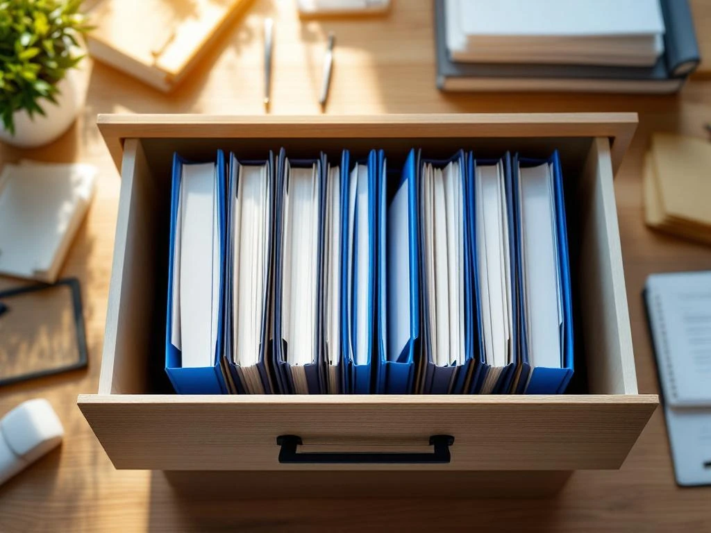 Georganiseerd hangmappensysteem in marineblauw en wit in open bureaulade met natuurlijk licht en houten bureau