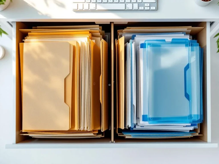 Bovenaanzicht van een open bureaulade met kartonnen en plastic hangmappen naast elkaar voor vergelijking