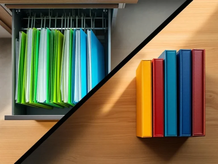 Georganiseerd kantoorbureau met hangende mappen in een lade en kleurrijke ordners op houten oppervlak