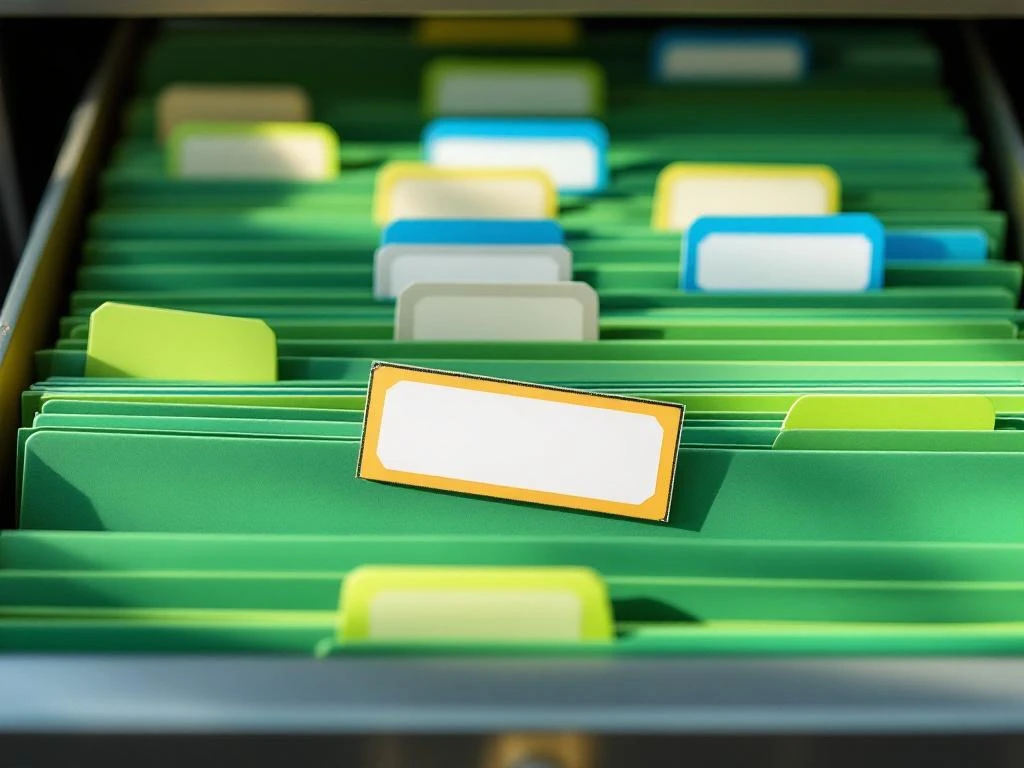 Georganiseerde groene hangmappen met gekleurde labels in metalen archieflade op kantoorbureau van bovenaf gefotografeerd