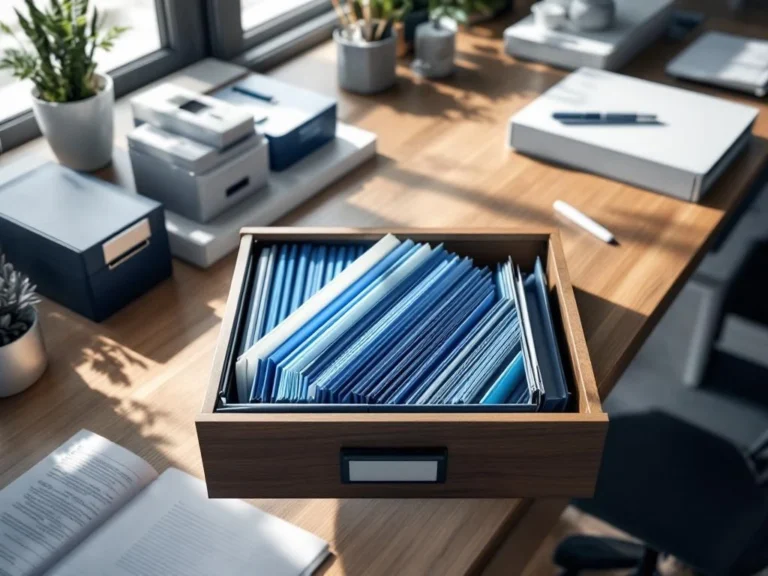 Vogelperspectief van georganiseerd bureau met kleurgecodeerde hangmappen, archiefboxen en documentorganizers in blauw en grijs