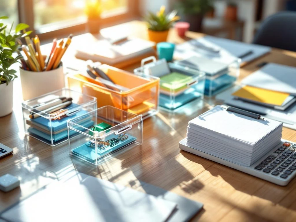 Bovenaanzicht modern bureau met transparante opbergboxen vol kantoorbenodigdheden in zonlicht