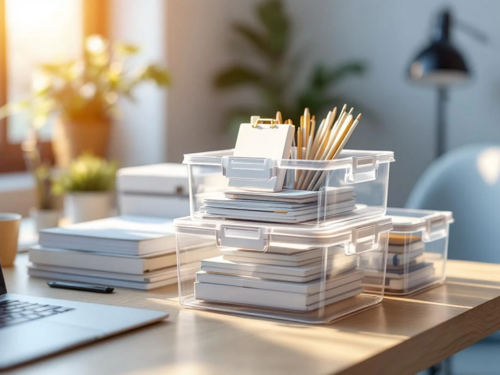 Transparante opbergboxen met kantoorbenodigdheden op houten bureau in modern kantoor met natuurlijk licht