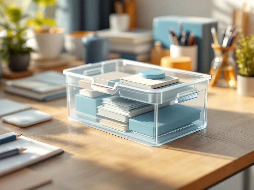 Georganiseerd modern bureau met transparante opbergdozen gevuld met kantoorbenodigdheden in natuurlijk licht