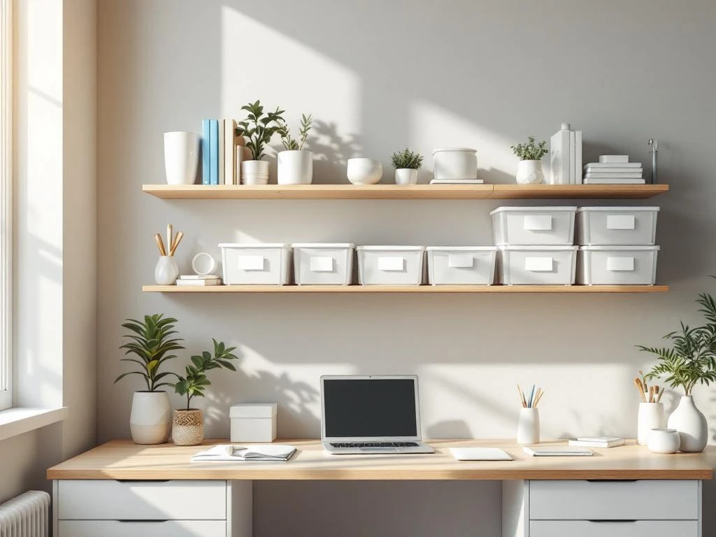 Georganiseerde kantoortafel met transparante opbergdozen op houten planken tegen lichtgrijze muur met natuurlijk licht