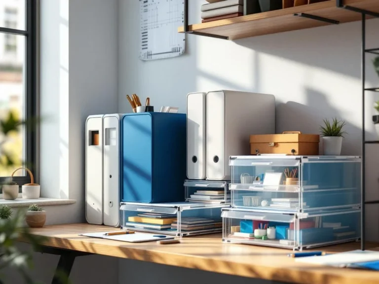 Modern georganiseerd kantoorbureau met modulaire opbergsystemen, acryl organizers en minimalistische schappen in blauw-wit