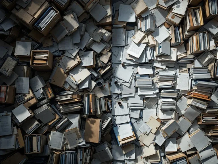 Rommelig kantoorbureau met verspreid papierwerk contrasteert met georganiseerd dossiersysteem met kleurgecodeerde mappen