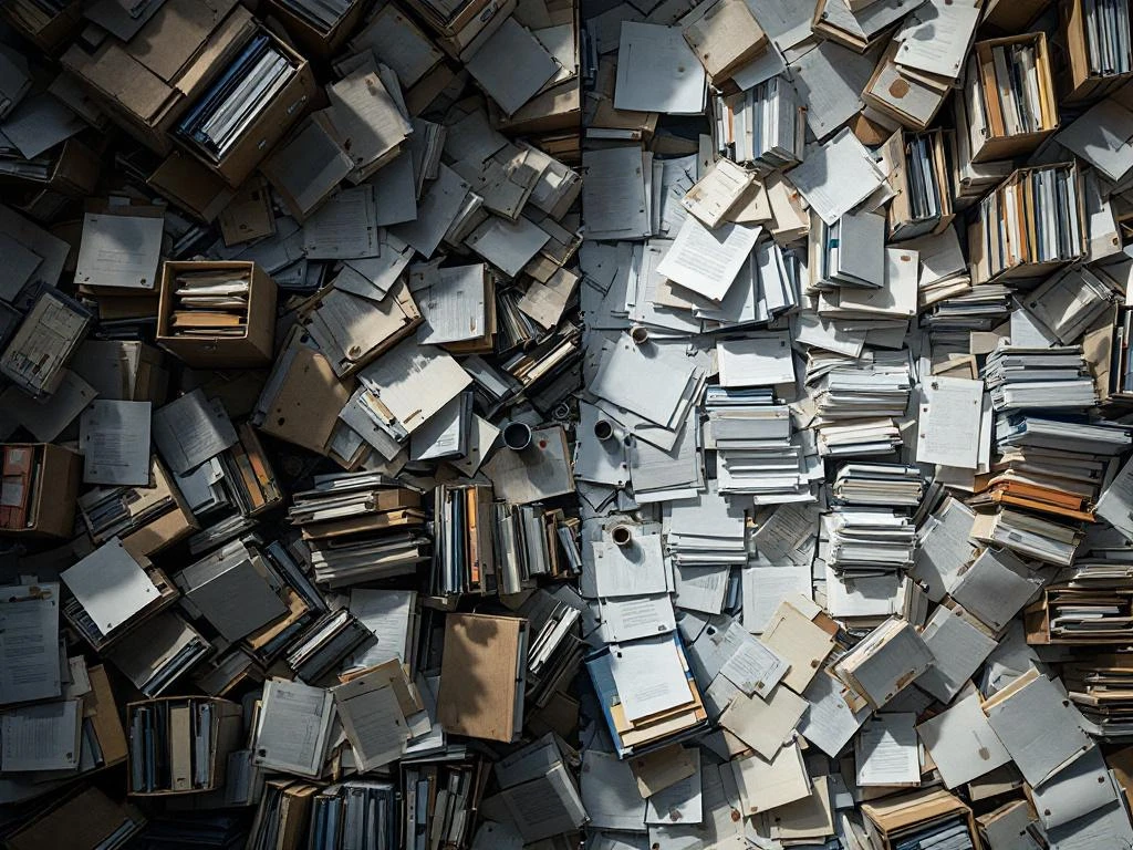 Rommelig kantoorbureau met verspreid papierwerk contrasteert met georganiseerd dossiersysteem met kleurgecodeerde mappen