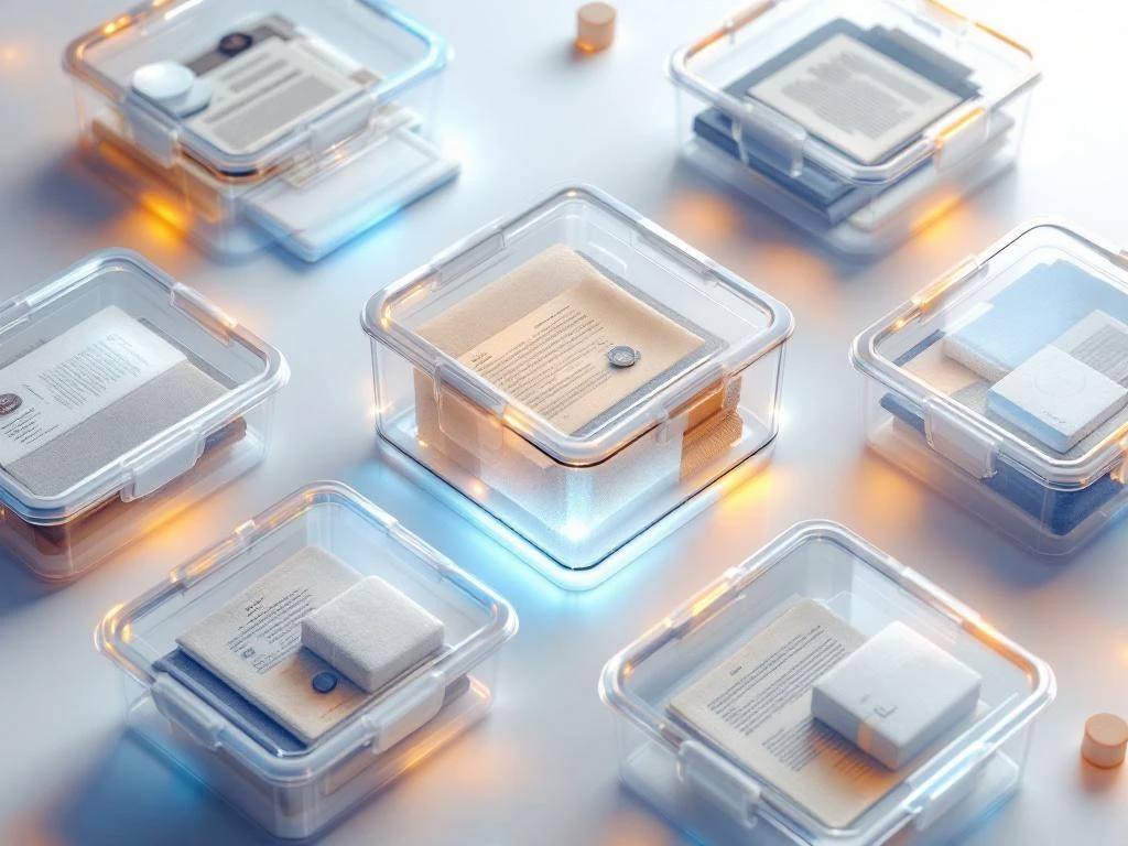 Transparante plastic opbergdozen met luchtdichte deksels in rasterpatroon, gevuld met documenten en textiel