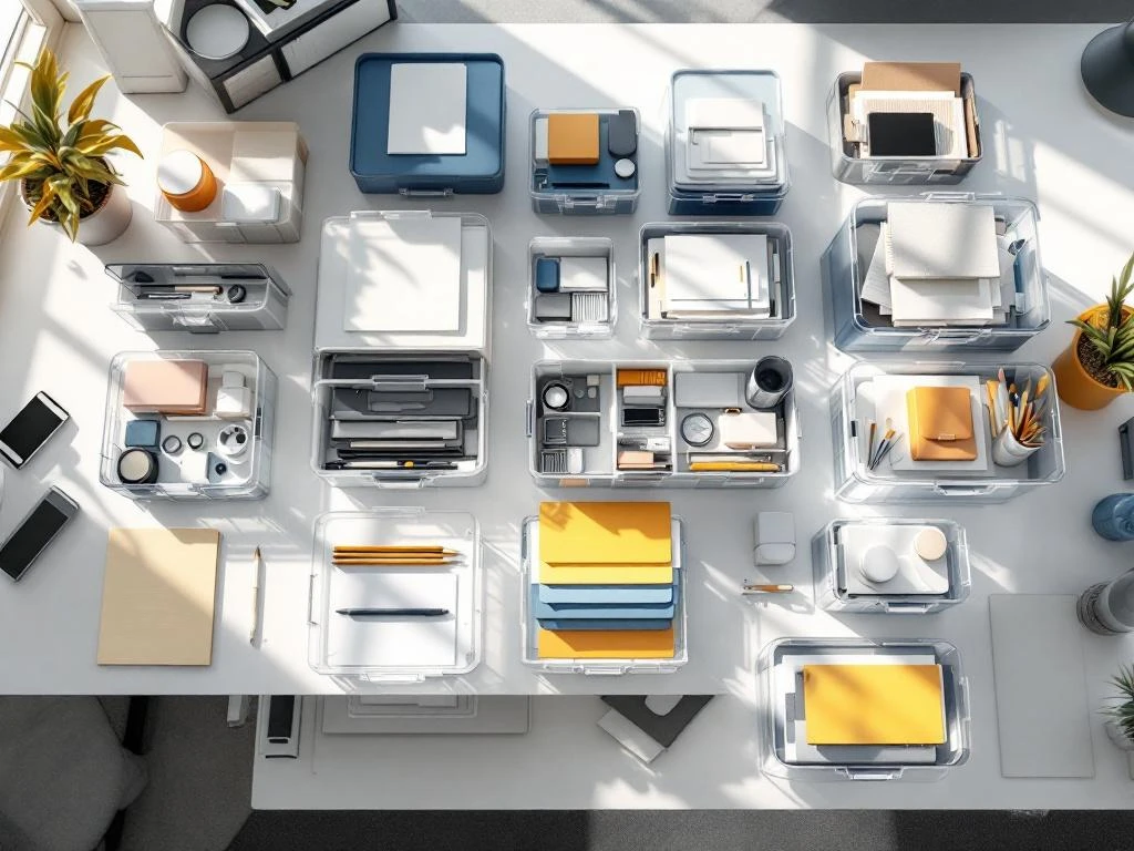 Opbergdozen in verschillende kleuren en maten georganiseerd op wit bureau met kantoorartikelen